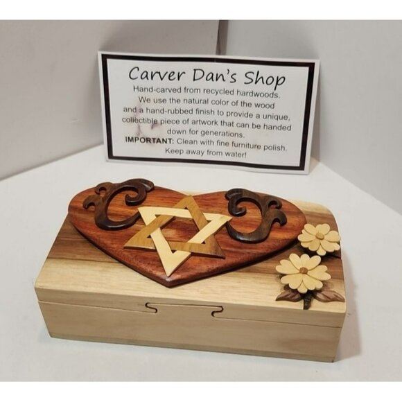 Carver Dan's Handcrafted Wooden Puzzle Box/Trinket Box Star Of David & Florals - Picture 2 of 16